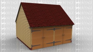 This oak framed garage has two enclosed bays, accessed by two sets of garage doors to the front.