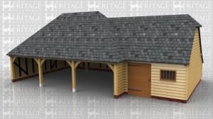 This oak framed garage has three open bays and one smaller enclosed bay, with an enclosed logstore to the rear. The enclosed bay is attached to the right hand side of the building and is accessed via a single door to the front and has a mullion window. This bay is designed to be used as a store or workshop and also has an enclosed logstore to the rear.