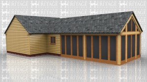 This oak framed home leisure building is formed of two different frames. The first frame is a two bay open garage, and attached to the rear is a three bay garden room. The garden room has a solid wall to the rear and two fully glazed bays to the front. The right hand wall is also fully glazed with full length garden room windows.