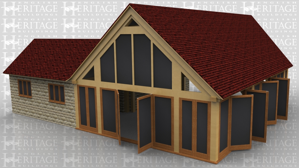 This oak framed home leisure building is formed of two frames and is designed to be attached to an existing building on the right hand side. The home leisure building has three bays, all fully glazed to the front and left side, with three sets of opening full length garden room windows. To the rear there is a two bay store building, with a single door to the front and two sets of three pane windows to the rear.