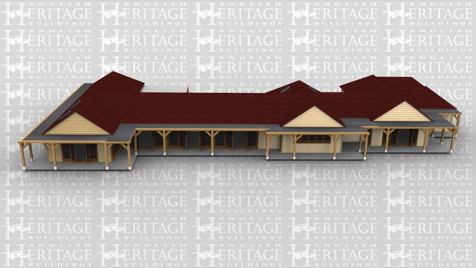 A substantial single storey oak frame house with a combination of weatherboard and brick outer walls.There is an open car port to the rear and a covered veranda walkway area which wraps around two sides of the building. Rooflights give extra natural light into some areas of the building. The innovative use of frames at right angles to each other allows an interesting internal layout and design.