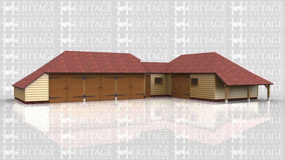 This oak framed complex is formed of a three bay garage, a small link building and another three bay garage. The first garage has three enclosed bays, all accessed by sets of garage doors to the front, and has an enclosed logstore to the left side and to the rear. The link building is one bay accessed by a single door to the front and has a mullion window. The other garage has one bay to be used for storage and the other two bays are accessed by a single set of garage doors to the front. There is also an open logstore to the right hand side.