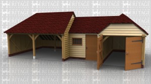 This oak framed complex is formed of a two bay garage, a small link building and a two bay garage. The first garage has two open bays, with an enclosed store to the rear. The link building is enclosed, with a single door to the front and a mullion window. This is designed to be used as a store or workshop. The other garage has two bays, with the front enclosed and access via a set of garage doors to the left hand side.