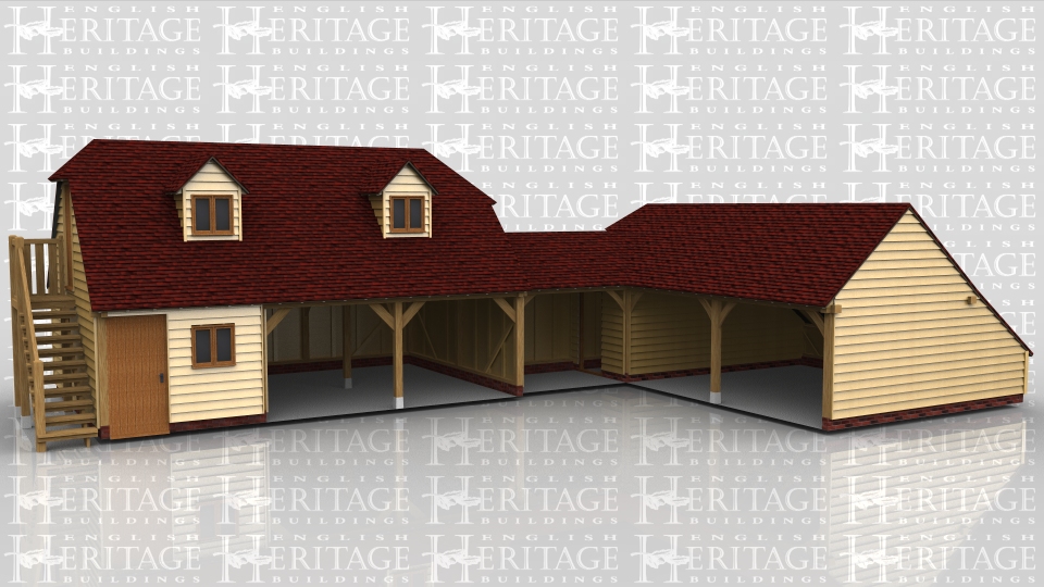 This oak framed complex is formed of three different buildings; a two storey three bay garage, a small link building, and another three bay garage. The first garage is a two storey building with access via a set of external oak steps to the left. It has three bays, one enclosed and two open. The enclosed bay is accessed by a single door to the front and also has a two pane window. On the first floor there are two dormers, each with a two pane window. The link building is open to the front. The second garage has three bays, one enclosed which attaches to the link building and also has a single door to the left hand side. The other two bays are open and have an enclosed store to the rear.