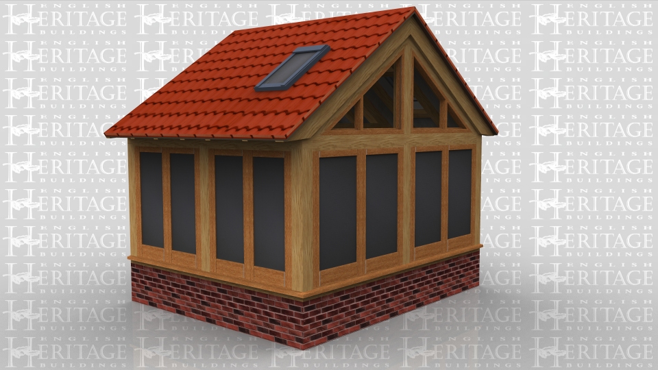 This oak framed home extension is designed to be attached to an existing building on the right hand side. The building is fully glazed to the front and left side of the bays, with full length garden room windows. The rear has one section left open, with glazed gable ends to the left side and trimming for two rooflights.