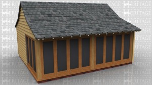 This oak framed garden room has full length garden room windows to the front and half of the left side. The rear and right walls are weatherboarded with softwood and the right side has a glazed gable.