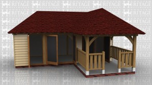 This oak framed home leisure building is has three enclosed bays with one accessed via a single door to the front, designed to be used for storage, and the other two with pairs of opening garden room windows. The end bay opens onto a small porch with oak balustrading to the sides and front.