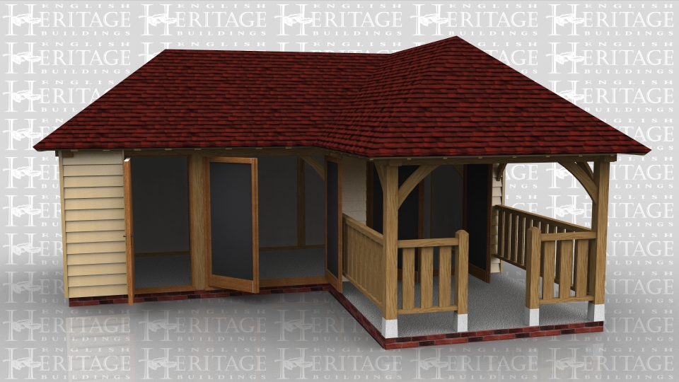 This oak framed home leisure building is has three enclosed bays with one accessed via a single door to the front, designed to be used for storage, and the other two with pairs of opening garden room windows. The end bay opens onto a small porch with oak balustrading to the sides and front.