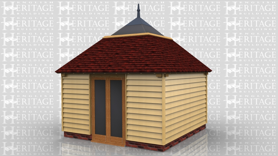 This oak framed home leisure building is one bay with a single set of opening full length garden room windows to the front.