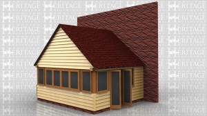 This oak framed home leisure building is designed to be attached to an existing building on the left hand side. The front, right and rear sides of the building all have single pane square windows the entire length of the building, with a pair of opening garden room windows to the front and rear.