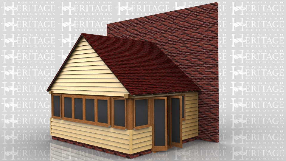 This oak framed home leisure building is designed to be attached to an existing building on the left hand side. The front, right and rear sides of the building all have single pane square windows the entire length of the building, with a pair of opening garden room windows to the front and rear.