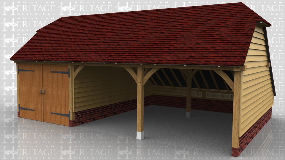 This oak framed garage has three bays; one enclosed and two open. The enclosed bay is accessed via a set of garage doors to the front and the garage has an enclosed logstore to the rear.