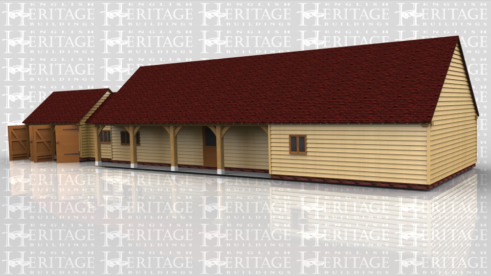 This oak framed house is comprised of three different frames; one is a two bay garage, the other is a link building that connects to the main house. The garage has two enclosed bays accessed via standard garage doors and also has an enclosed logstore to the rear. The link building has a single door to the left and right sides and a three pane window front and rear. The house itself is formed of six bays, with a set back partition to the front walls of four bays, accessed via a half glazed door. To the rear of the building there are three sets of full length opening garden room windows, as well as a four pane window and a two pane window.