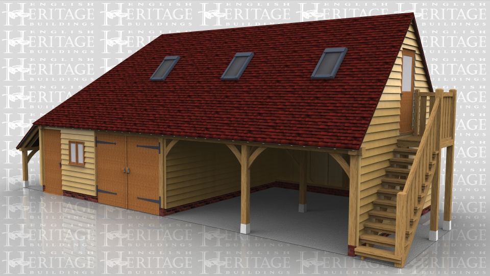 This two storey oak framed garage has four bays; two enclosed and two open. Access to the first floor is via the external oak staircase to the right hand side and a half glazed door. The first enclosed bay has a single door to the front and a two pane window, and is designed to be used for storage. The second enclosed bay has a set of garage doors. There is an open logstore to the left hand side of the building and trimming for three rooflights upstairs.