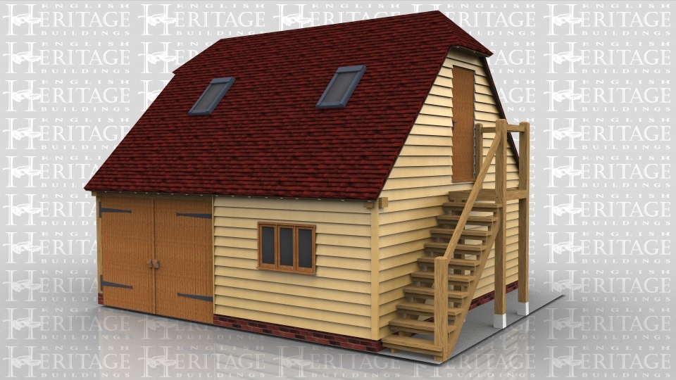This two storey oak framed garage has two enclosed bays. The first bay is accessed via a set of garage doors to the front and the second has a single door to the rear. there is a three pane window to the front as well as to the right side of the first floor. The first floor is accessed via an external oak staircase to the right with single door at the top. The upstairs also has trimmings for four rooflights.