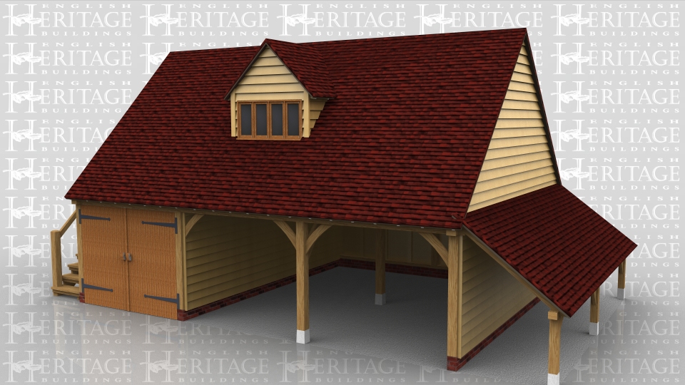 This two storey oak framed garage has three bays; two open and one enclosed. The enclosed bay is accessed by garage doors to the front. The first floor is accessed via an external oak staircase to the left hand side and a single door. There is also a dormer to the front with a four pane window. Attached to the right side is an open logstore.