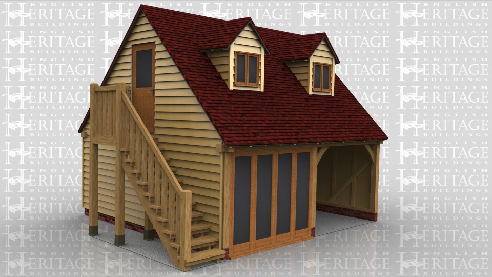 This two storey oak framed garage has two bays; one open and one enclosed. The first floor is accessed via an external oak staircase to the left hand side and a half glazed door. The enclosed bay has full length opening garden room windows to the front. On the first floor there are two dormers to the front, each with a two pane window, and a three pane window to the left side.
