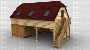 This two storey oak framed garage has three bays; one enclosed and two open. The enclosed bay is accessed by a set of garage doors to the front. The first floor is accessed via an external oak staircase and a half glazed door. The first floor also has trimmings for three rooflights.