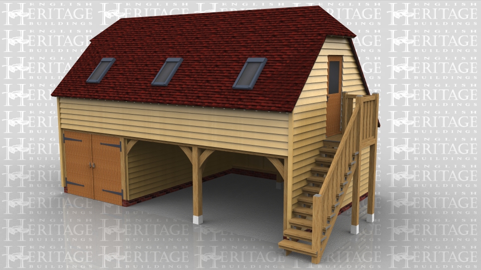 This two storey oak framed garage has three bays; one enclosed and two open. The enclosed bay is accessed by a set of garage doors to the front. The first floor is accessed via an external oak staircase and a half glazed door. The first floor also has trimmings for three rooflights.