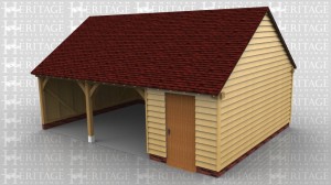 This oak framed garage has three bays, one enclosed and two open. The enclosed bay is accessed via a single door to the front and is designed to be used for storage.