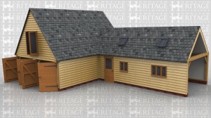 This two storey oak framed garage is formed of two seperate frames, the first is a three bay garage with the front enclosed and access via two sets of garage doors to the left hand side. The third bay is an enclosed smaller bay to join the two buildings together. The first floor has a set of full length opening garden room doors to the left side and trimming for three rooflights. Attached to this building is a two bay garage with enclosed bays and a single door to the front. There is a two pane window to the front and a three pane window. On the roof there are trimmings for two rooflights and the right side is left open for attaching to an existing building.