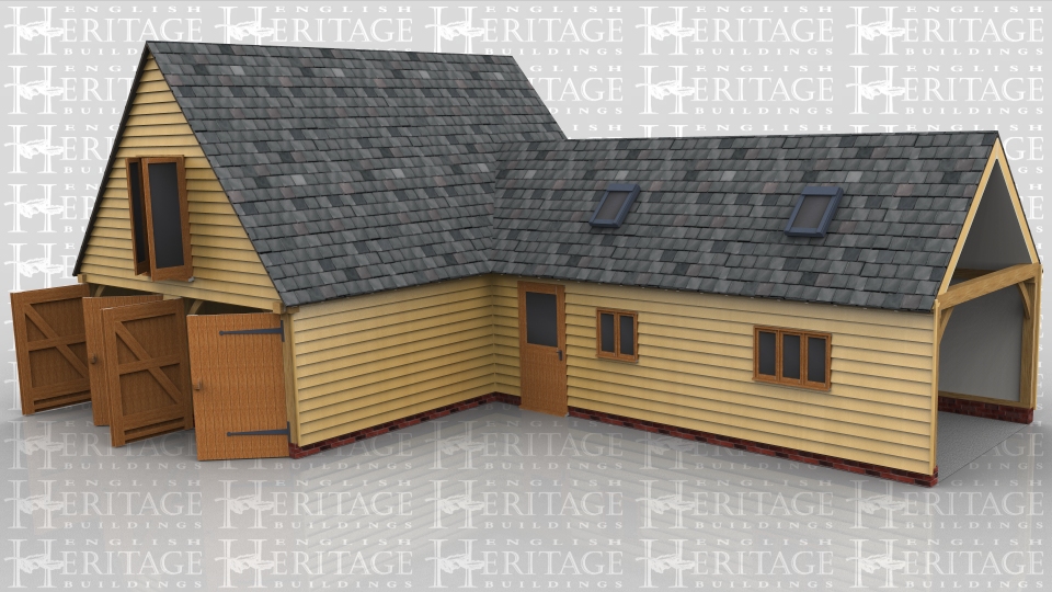 This two storey oak framed garage is formed of two seperate frames, the first is a three bay garage with the front enclosed and access via two sets of garage doors to the left hand side. The third bay is an enclosed smaller bay to join the two buildings together. The first floor has a set of full length opening garden room doors to the left side and trimming for three rooflights. Attached to this building is a two bay garage with enclosed bays and a single door to the front. There is a two pane window to the front and a three pane window. On the roof there are trimmings for two rooflights and the right side is left open for attaching to an existing building.