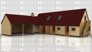 This oak framed garage complex is formed of two different buildings. The first building is a three bay open garage and the third bay is open to the rear as well. There is a clock tower on the roof of the third bay. The second building is a two storey stable complex with a bay that attaches to the other building, and a single garage bay accessed by a set of garage doors. The other two bays are stables accessed via stable doors to the front and with a mullion window to each bay. The first floor is accessed via an external oak staircase and a half glazed door. There is also trimmings for two rooflights.