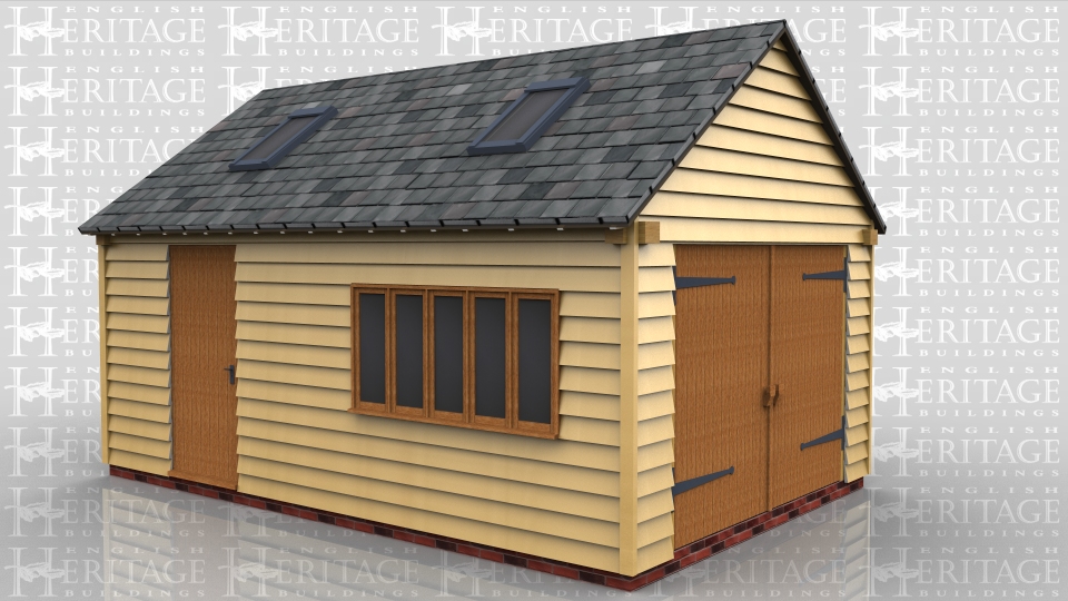 This oak framed garage has two bays. The bays are both enclosed and are accessed via a single garage door to the right side. There is a single door to the front and a large mullion window. There are trimmings for two rooflights.