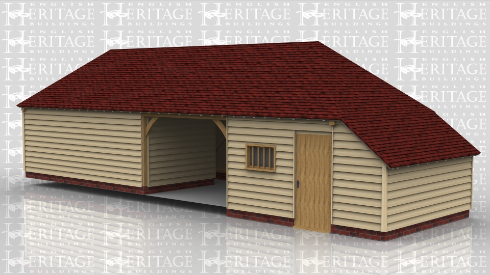 This oak framed garage has four bays, three enclosed and one open. Two of the enclosed bays are accessed by a set of garage doors to the left hand side. The third enclosed bay has a single door to the front and left side and a mullion window to the front. There is also an enclosed logstore to the side.