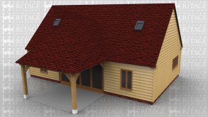 This oak framed home leisure building has three bays, with an extra open bay to the front to function as a porch. The middle bay has four full length garden room windows to the front and rear. The left and right bays have a two pane window to the front and rear and a four pane window to the side. There are trimmings for four rooflights.