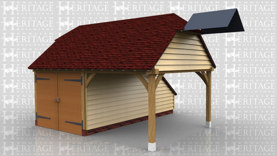 This oak framed garage is formed of two bays, one enclosed and one open. The enclosed bay is accessed by a set of garage doors to the front and has an enclosed store to the rear. The other bay is open on all sides and has a barn hip roof ending.