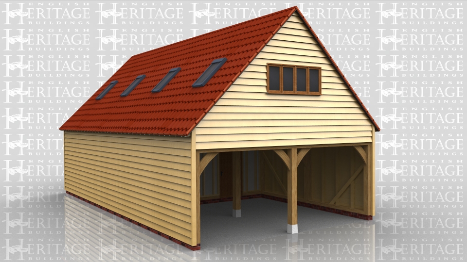 This oak framed two storey garage has four enclosed bays. The first two have full length garden room windows to the left hand side, and access to the first floor via a hatch. The first floor left and right hand sides have a four pane window. The two right hand bays are enclosed at the front and accessed by an open right side.