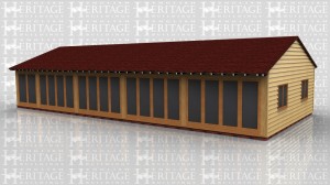 This oak framed home leisure building is formed of five bays. The front of the building is fully glazed with full length garden room windows, and the right side has two sets of two pane windows.