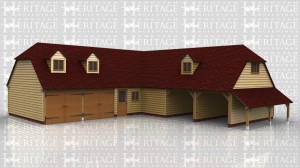 This oak framed two storey garage complex is formed of two different frames. The first frame is a five bay garage with two garage doors to the front and a half glazed single door. The other two bays are attached to the next frame and enclosed, with a set of garden room doors to the right side. To the first floor there are two dormers at the front with a two pane window in each. The next frame is a three bay garage with one enclosed bay and two open bays. On the first floor there is a dormer to the front and two to the rear, each with a two pane window. The enclosed bay has a pair of solid doors to the rear. To the right side there is an open store.