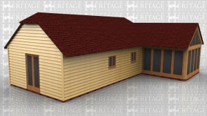 This oak framed complex is formed of two different frames. The first frame is a four bay home leisure building with four sets of two pane windows to the rear and a set of opening garden room windows to the right side. To the front there are two sets of two pane windows and attached is the second frame. The second frame is a garden room with the front and right sides fully glazed with full length windows and a glazed gable.