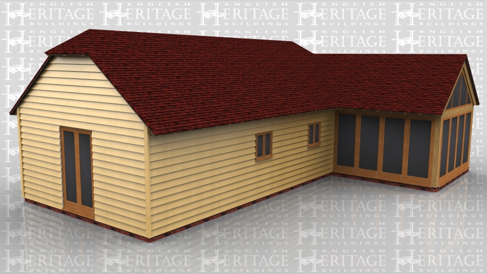 This oak framed complex is formed of two different frames. The first frame is a four bay home leisure building with four sets of two pane windows to the rear and a set of opening garden room windows to the right side. To the front there are two sets of two pane windows and attached is the second frame. The second frame is a garden room with the front and right sides fully glazed with full length windows and a glazed gable.