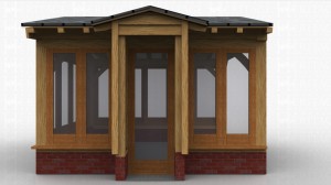 This oak framed home extension is designed to be attached to an existing building on the left hand side. The right, rear and sides of the building are all fully glazed and the front has a full height brick wall with two, two pane windowns and two rooflights.