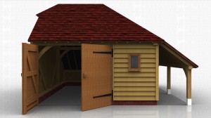 This oak frame garage has both an internal an external covered storage area with barn hip and hipped roof ends.
