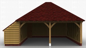 This oak framed garage has two open bays and an enclosed store to the left hand side.