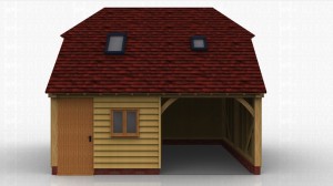 This oak framed two storey garage has two bays, one open and one enclosed. The enclosed bay is accessed by a single door to the front and has access to the first floor via a hatch. There are trimmings for two rooflights.