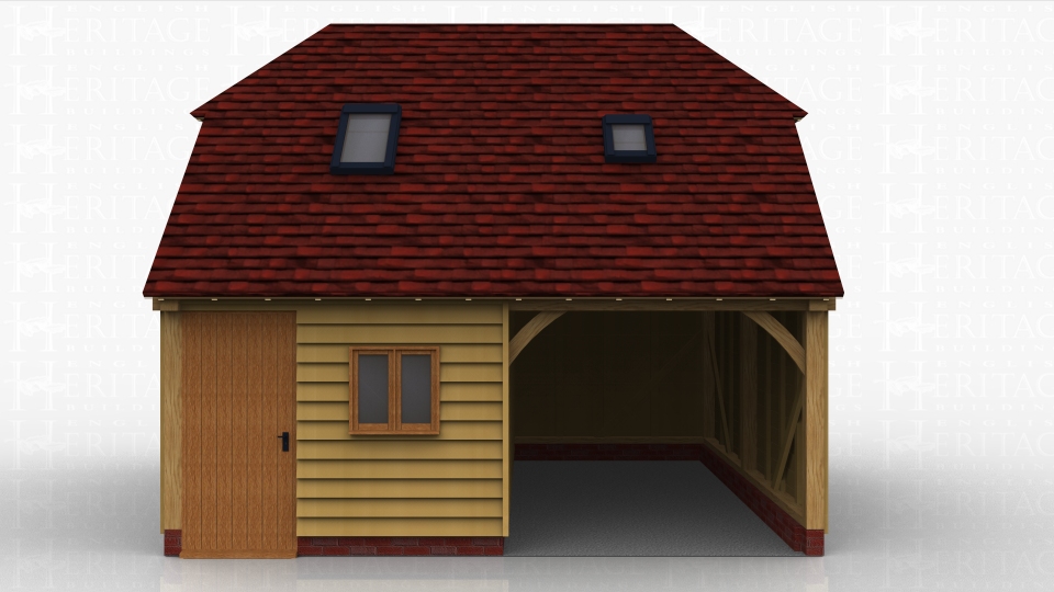 This oak framed two storey garage has two bays, one open and one enclosed. The enclosed bay is accessed by a single door to the front and has access to the first floor via a hatch. There are trimmings for two rooflights.