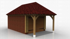 This oak framed garage has one three bays, one small open bay and two larger enclosed bays. The enclosed bays are accessed by a set of garage doors to the left side.  The building has a high solid wall to the rear and two sets of two pane windows to the front.