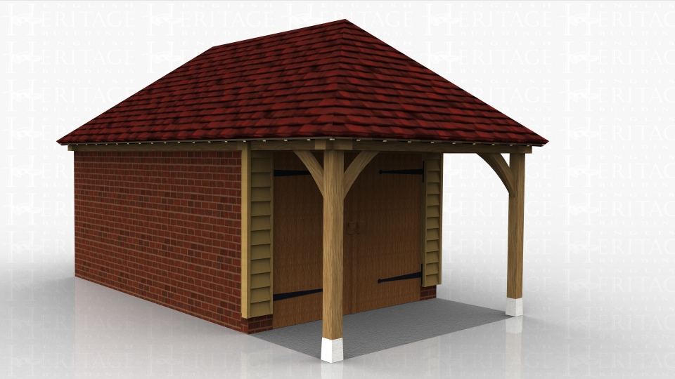This oak framed garage has one three bays, one small open bay and two larger enclosed bays. The enclosed bays are accessed by a set of garage doors to the left side.  The building has a high solid wall to the rear and two sets of two pane windows to the front.