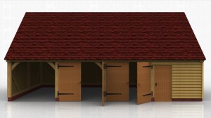 This oak framed garage has four bays; one open and three enclosed. Two bays are accessed by sets of garage doors and one has a single door to the front. The right side has a glazed gable and a two pane window.