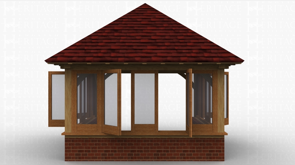 This oak framed home extension is designed to be attached to an existing building at the rear. The home extension is a single bay with fully glazed sides to the left, right and front.