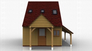 This two storey oak framed home leisure building is formed of three small enclosed bays and is accessed by a half glazed door to the front. There is also a two pane window. There are trimmings for three rooflights and an open store to the right hand side.