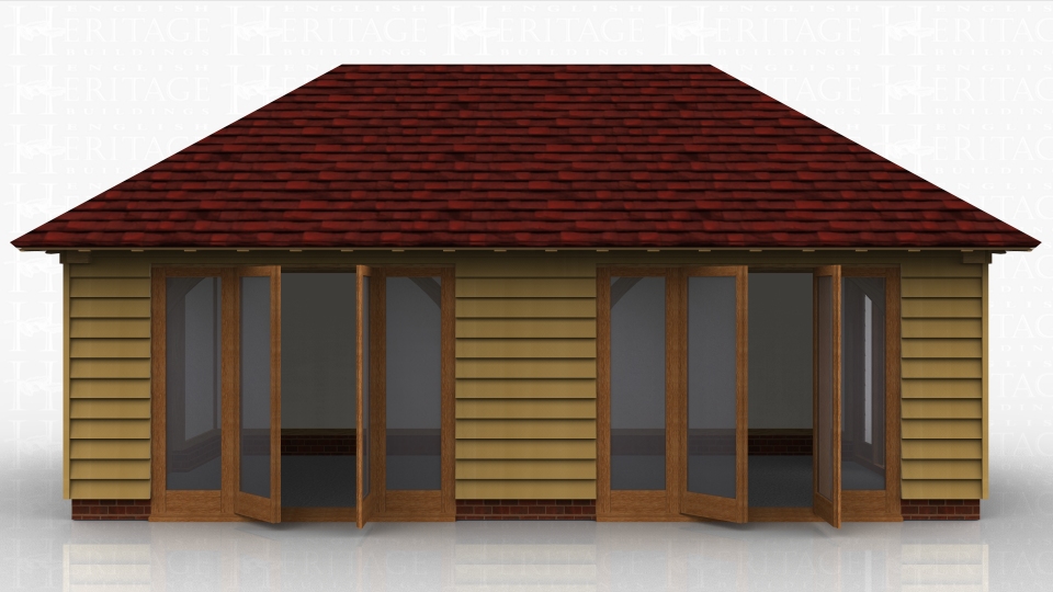 This oak framed home leisure building has two bays, both enclosed. to the left side of the building there is a single door, and to the front there are two sets of four opening full length garden room windows. There is also a set of opening garden room windows to the right side.