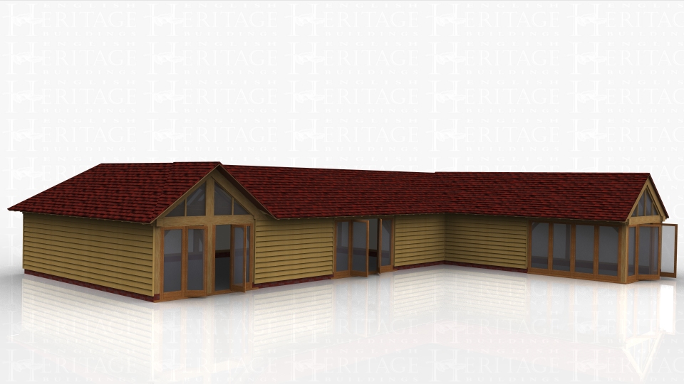This oak framed complex is formed of three different frames. The first frame is formed of a three bay garden room with a glazed gable on the left side and a set of full length opening garden room windows. Attached to this frame is a three bay home leisure building with a set of opening garden room windows to the front. The third frame is a six bay home leisure building with full length glazing to the front of two bays and a glazed gable to the right end and full length opening garden room windows.
