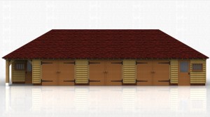 This oak framed garage has five bays, all enclosed. The two end bays are designed to be used as workshops or stores and are accessed via a single half glazed door to the front and a mullion window. The other three bays are accessed by a set of garage doors to the front and all the bays have an enclosed store to the rear. There are also trimmings for two rooflights.