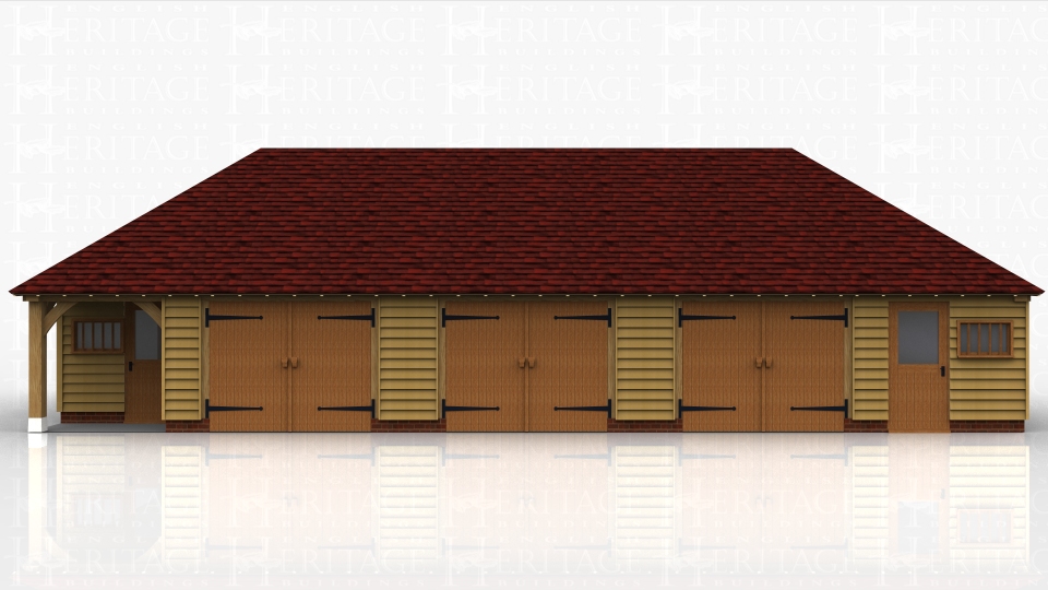This oak framed garage has five bays, all enclosed. The two end bays are designed to be used as workshops or stores and are accessed via a single half glazed door to the front and a mullion window. The other three bays are accessed by a set of garage doors to the front and all the bays have an enclosed store to the rear. There are also trimmings for two rooflights.